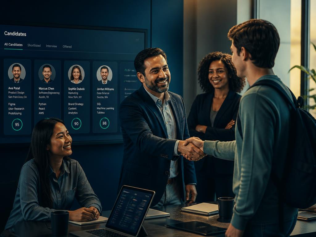 Equipe de uma empresa analisando perfis de candidatos e cumprimentando um jovem