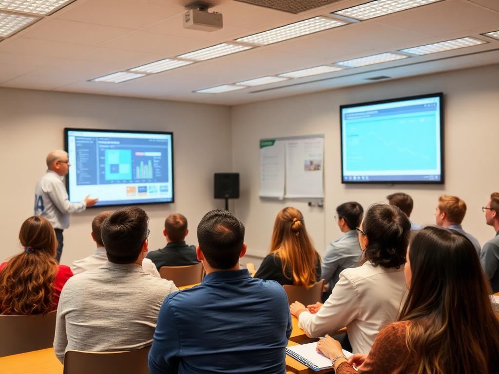 Instrutor apresentando um painel de acompanhamento para uma turma de jovens