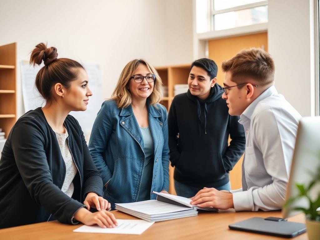 Coordenadora de instituição parceira orientando dois jovens aprendizes